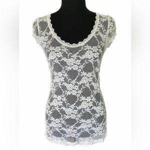 White Floral Lace Sheer Cap Sleeve Top